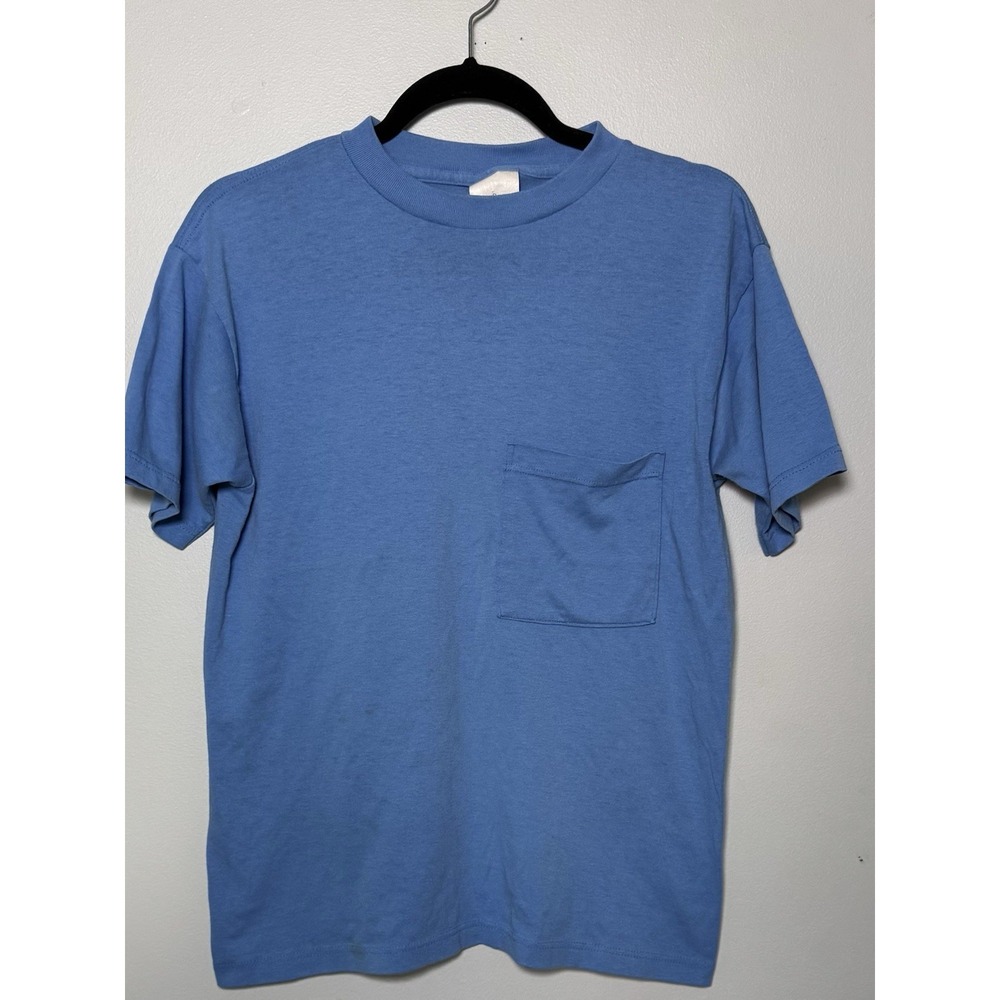 VTG Blank Pocket Tee‎ Small Blue Single Stitch Made In USA Classic 80s Small